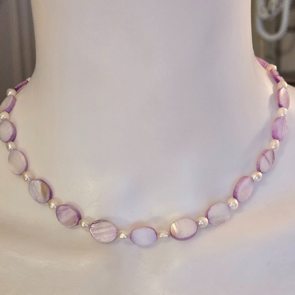 Purple White Beaded Pearl Necklace